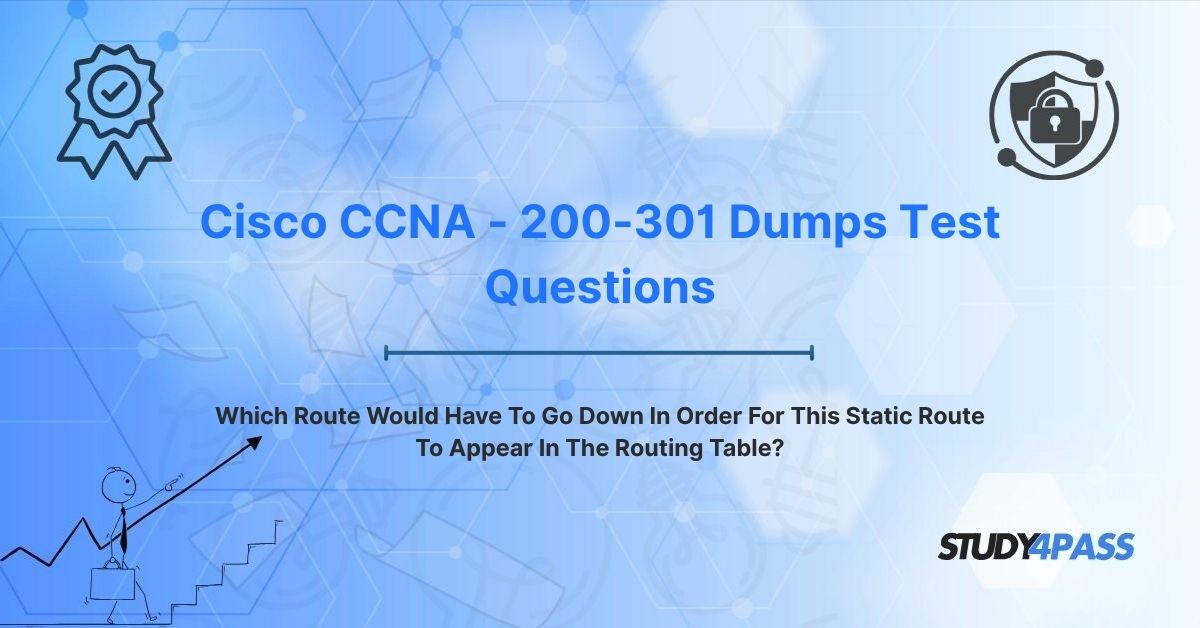 CCNA - 200-301 Test Questions: Which Route Would Have To Go Down In Order For This Static Route To Appear In The Routing Table?